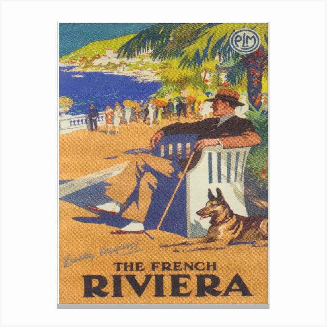 French Riviera Beach, Man With Dog, Muted Neutral Colors, Vintage Travel Poster Canvas Print by Vibrant Vintage