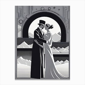 Wedding In The Mountains Wood Print, monochromatic vector art Canvas Print