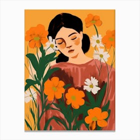 Woman With Autumnal Flowers Portulaca 2 Canvas Print