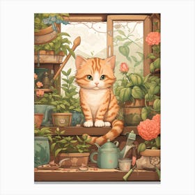 Kawaii Cat Drawings Gardening 1 Canvas Print
