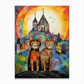 Patchwork Cats On A Hill In Front Of A Medieval Village Canvas Print