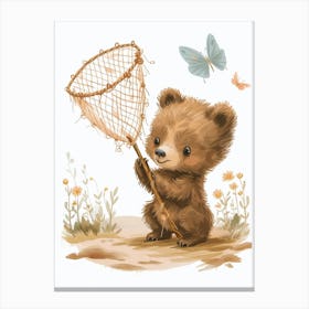 Brown Bear Cub Playing With A Butterfly Net Storybook Illustration 2 Canvas Print