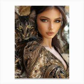 Beautiful Woman With Cat Canvas Print