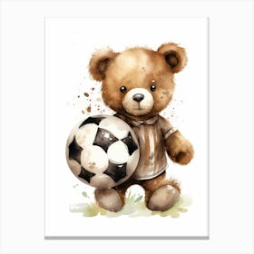 Football Soccer Ball Teddy Bear Painting Watercolour 4 Canvas Print