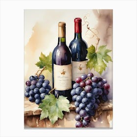 Vines,Black Grapes And Wine Bottles Painting (21) Canvas Print