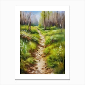 Path In The Woods.Canada's forests. Dirt path. Spring flowers. Forest trees. Artwork. Oil on canvas.4 Canvas Print