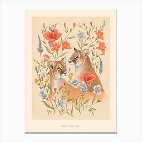 Folksy Floral Animal Drawing Mountain Lion 4 Poster Canvas Print