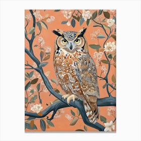 Owl In The Style Of Woodblock Print, In An Ornamental Tree With Leaves And Flowers Canvas Print