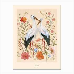Folksy Floral Animal Drawing Crane 2 Poster Canvas Print