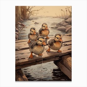 Ducklings On The Wooden Bridge Japanese Woodblock Style 4 Canvas Print
