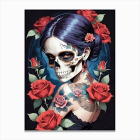 Sugar Skull Girl With Roses Painting (1) Canvas Print