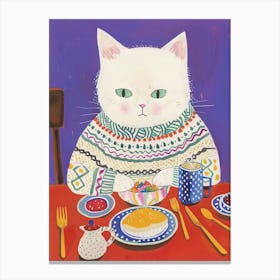 White Cat Having Breakfast Folk Illustration 3 Canvas Print