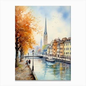 Zurich Switzerland In Autumn Fall, Watercolour 4 Canvas Print