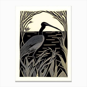 Black Heron Vintage Linocut 1 Canvas Print