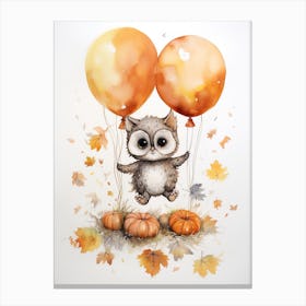 Owl Flying With Autumn Fall Pumpkins And Balloons Watercolour Nursery 2 Canvas Print