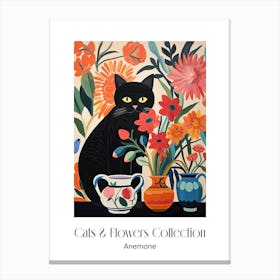 Cats & Flowers Collection Anemone Flower Vase And A Cat, A Painting In The Style Of Matisse 3 Canvas Print