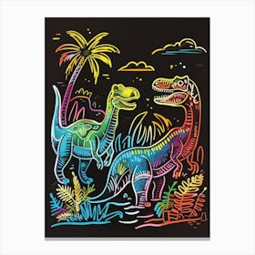 Neon Dinosaur Lines In The Leaves 2 Canvas Print