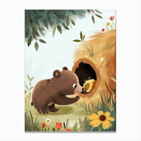 Brown Bear Cub Playing With A Beehive Storybook Illustration 4 Canvas Print