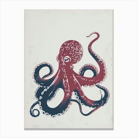 Red & Blue Simple Linocut Style Octopus 1 Canvas Print