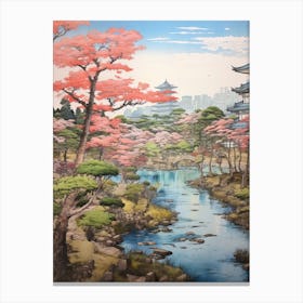 Rikugien Garden In Tokyo, Ukiyo E Drawing 1 Canvas Print