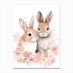 Watercolor Bunnies And Flowers Canvas Print