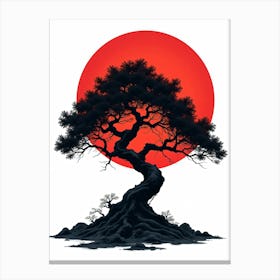 Old Dark Tree In Black With Dense Leaves With A Red Sun Isolated On A White Background Vertical 4 Dmmafa Vh5wkw Canvas Print