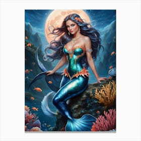 A Full Moon And A Beautiful Mermaid Canvas Print