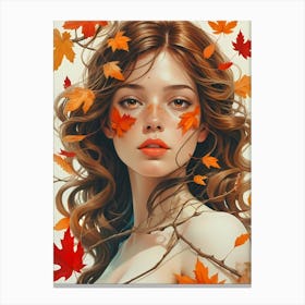 Woman with Freckles and Falling Leaves in a Dreamy Autumn Portrait Canvas Print