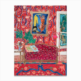 Ornate Red Interior Painting With Wild Cats After Matisse Canvas Print