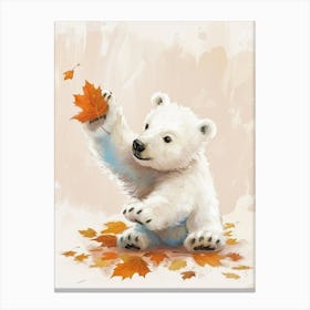 Polar Bear Cub Playing With A Fallen Leaf Storybook Illustration 2 Canvas Print