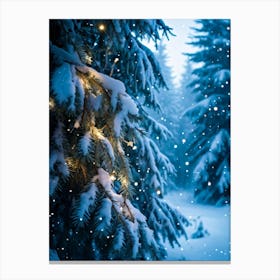 Festive Winter Glow Shiny Spruce Branches Richly Covered In Snow Twinkling Fairy Lights Woven Thro Stampe su tela