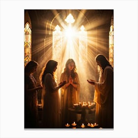 Candlelight Vigil During Spiritual Celebration Rays Of Soft Golden Light Breaking Through Stained G (3) Canvas Print