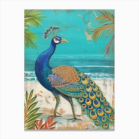 Folky Peacock On The Beach 1 Canvas Print