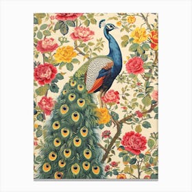 Vintage Peacock With Colourful Flowers Canvas Print