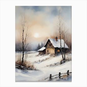 Rustic Winter Oil Painting Vintage Cottage (12) Canvas Print
