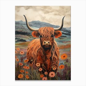 Watercolour & Pencil Floral Illustration Of Highland Cow Canvas Print