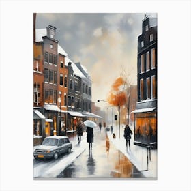 Amsterdam cafes, winter season, Christmas, autumn oil colors, pale colors, pedestrians in the street, winter clothes, falling snow.8 1 Lienzo