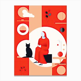 Red woman and black cat Canvas Print