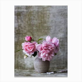 Mini Pink Peony Flower Bouquet In Gray Vase Canvas Print