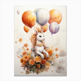 Unicorn Flying With Autumn Fall Pumpkins And Balloons Watercolour Nursery 3 Canvas Print