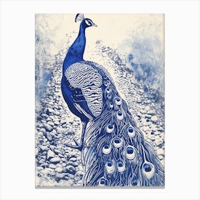 Navy Blue Peacock Linocut Inspired Peacock On A Path 2 Canvas Print