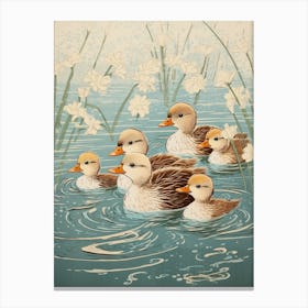 Ducklings Japanese Woodblock Style 2 Canvas Print
