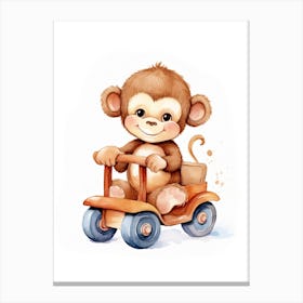 Baby Monkey On A Toy Car, Watercolour Nursery 3 Canvas Print