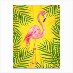 Pink Flamingo With Palm Leaves Canvas Print