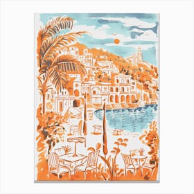 Italy, Portofino Cute Illustration In Orange And Blue 2 Canvas Print