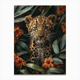 A Happy Front faced Leopard Cub In Tropical Flowers 8 Canvas Print