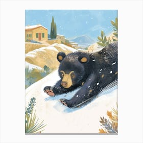 American Black Bear Cub Sliding Down A Snowy Hill Storybook Illustration 2 Canvas Print