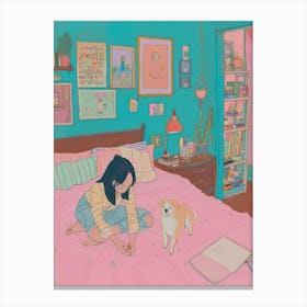 Girl Sleeping With Dogs Tv Lo Fi Kawaii Illustration 1 Canvas Print