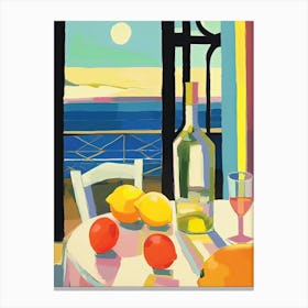 Painting Of A Lemons And Wine, Frenchch Riviera View, Checkered Cloth, Matisse Style 6 Canvas Print