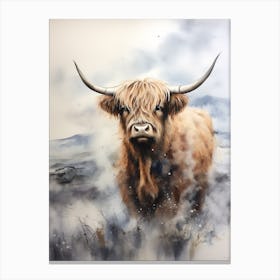 Highland Cow In Grey Storm Watercolour Canvas Print